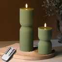 Olive Green Ribbed Flameless Pillar Candles with Remote, LED Candles Battery Operated Flickering Real Wax Set of 2