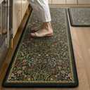 Collive Kitchen Mats for Floor 2PCS, Cushioned Anti Fatigue Rugs Non-Slip Waterproof Kitchen Sink Mat, Green Floral Standing Mat for Bar, Office, Desk, Home Decor (20"x47"+20"x32")