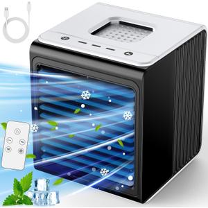3-IN-1 Mini Air Conditioner with Remote, Top Splash-Proof Design, Powerful 3 Speeds & Cool Mist, Large Capacity Tank for 6H Cooling, USB Small Portable Air Conditioner for Desk Office Room (Black/White)