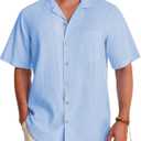 Alimens & Gentle Mens Linen Shirts Cotton Hawaiian Shirts Short Sleeve Button Down Shirts Casual Summer Beach Tops (Small, Cool Blue)