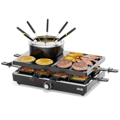Electric Fondue Pot Sets, Electric lndoor Raclette Table Grill for 8 People, Adjustable Temperature Control and 8 Paddles, Perfect for Parties and Family Fun (Fondue Pot Set with Pancake Baking Tray)