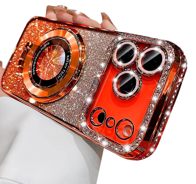 Changjia Magnetic Kickstand Glitter Case for iPhone 17 Pro, [Compatible with Magsafe] Cute Luxury Bling Sparkly Diamond Rhinestones with Camera Lens Protector Women Girls Case for iPhone 17 Pro,Orange