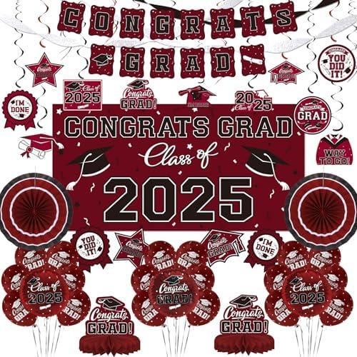 Maroon Themed 2025 Graduation Decorations Set - Congrats Grad Banner, Class of 2025 Backdrop, Balloons & Streamers Kit - Complete Party Supplies for High School & College Celebrations