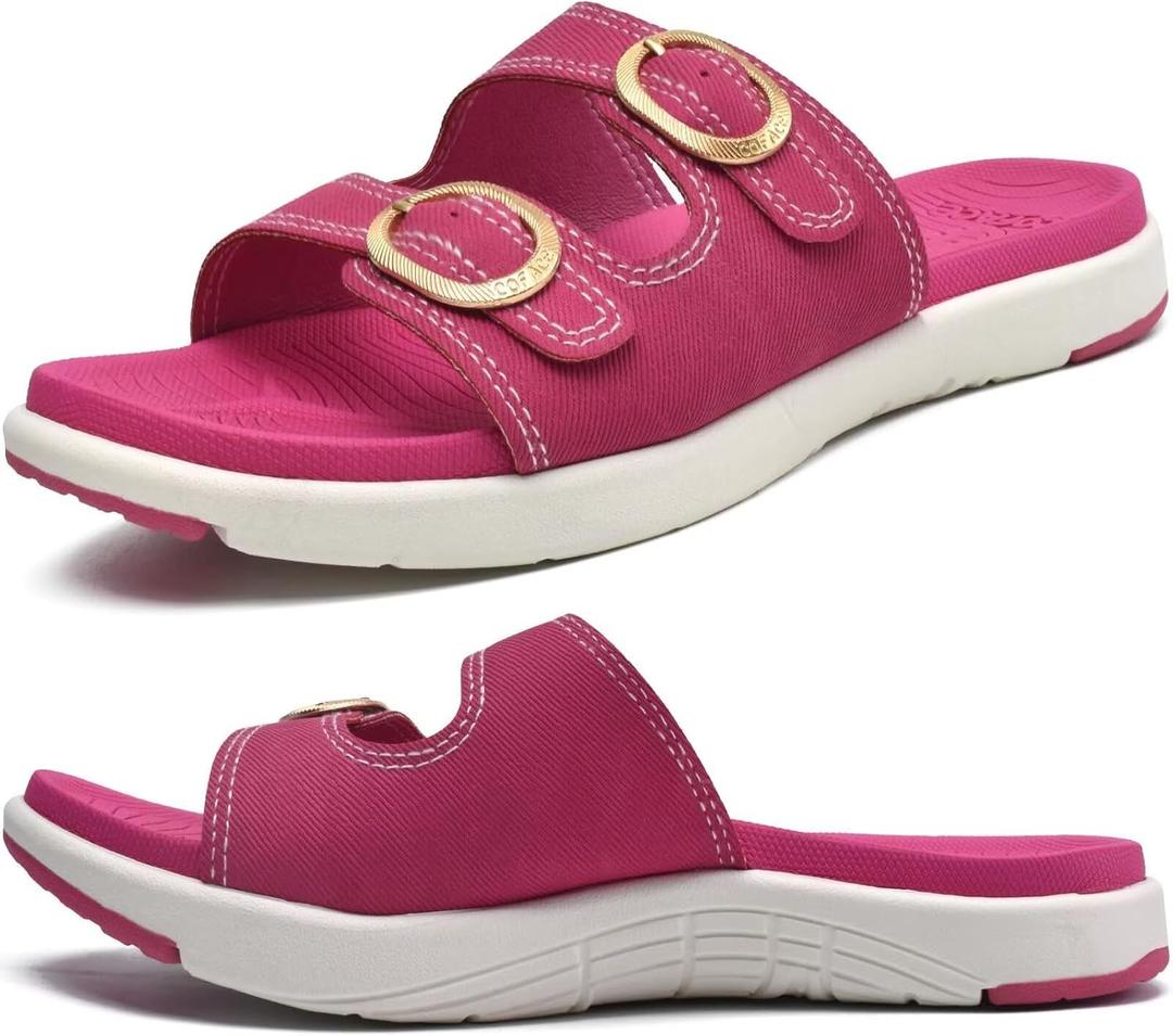 COFACE Womens Orthotic Slides Comfort Plantar Fasciitis Arch Support Slip on Flat Sandals Ladies Soft Cushion Fashion Yoga Mat Slippers With Adjustable Straps 8.5