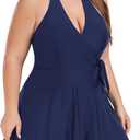 Ocean Blues Women's Plus Size V-Neck One Piece Swimdress Halter Wrap Swimsuit Tummy Control One Piece Skirt Bathing Suit (L)