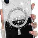 Bonoma for iPhone 16 Plus Case Sparkly Glitter Bling Back, Magnetic Support for MagSafe Shockproof, Crystal and Clear High-Duty Protection for Girls Women-Black