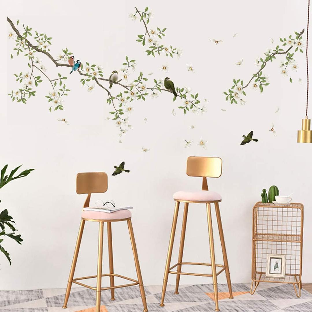 decalmile Birds on Tree Branch Wall Decals White Blossom Flower Wall Stickers Bedroom Living Room TV Wall Art Home Decor