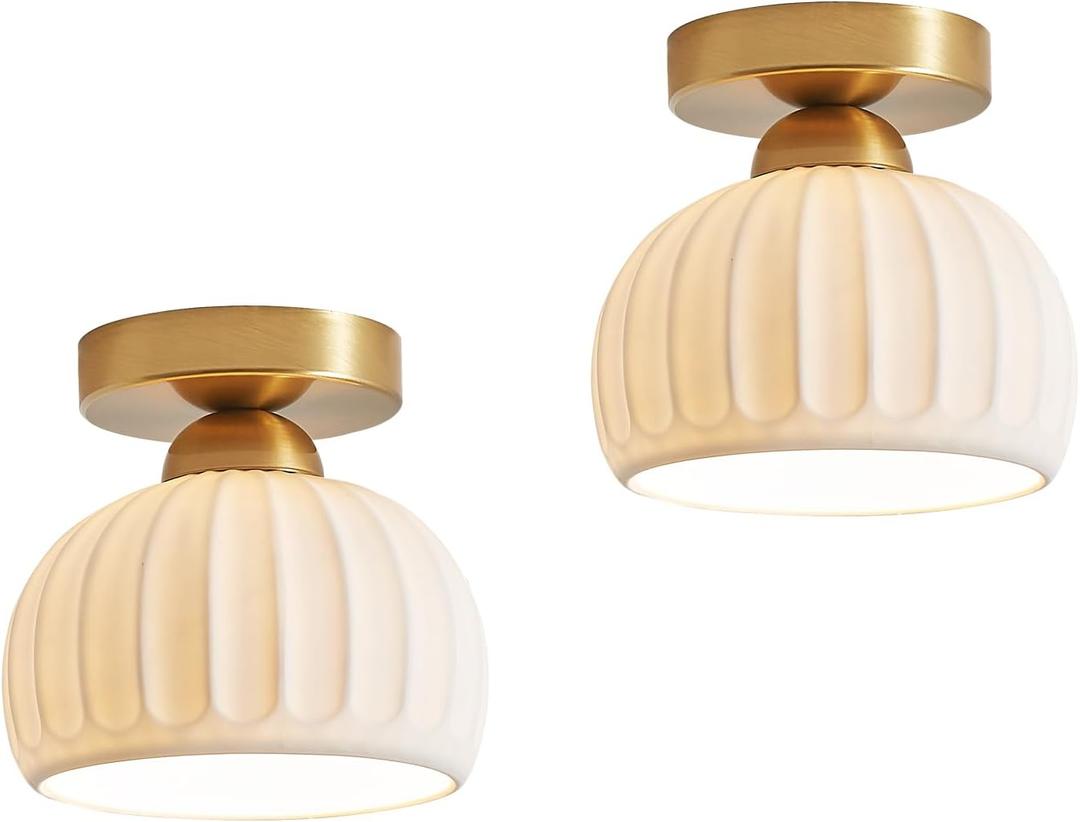 2 Pack White Ceramic Gold Base Semi Flush Mount Ceiling Light Vintage Hallway Light Fixtures, Modern Small Flush Mount Ceiling Light Lamp for Hall Kitchen Entryway Passway Porch Foyer
