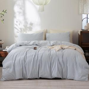 FOSSA Striped Duvet Cover Set 100% Washed Cotton Linen Feel Super Soft Breathable Cozy 3 Pieces Bedding Sets Cornflower Blue White Classic Stripes Oversized King (Oversized King (120" x 98"))