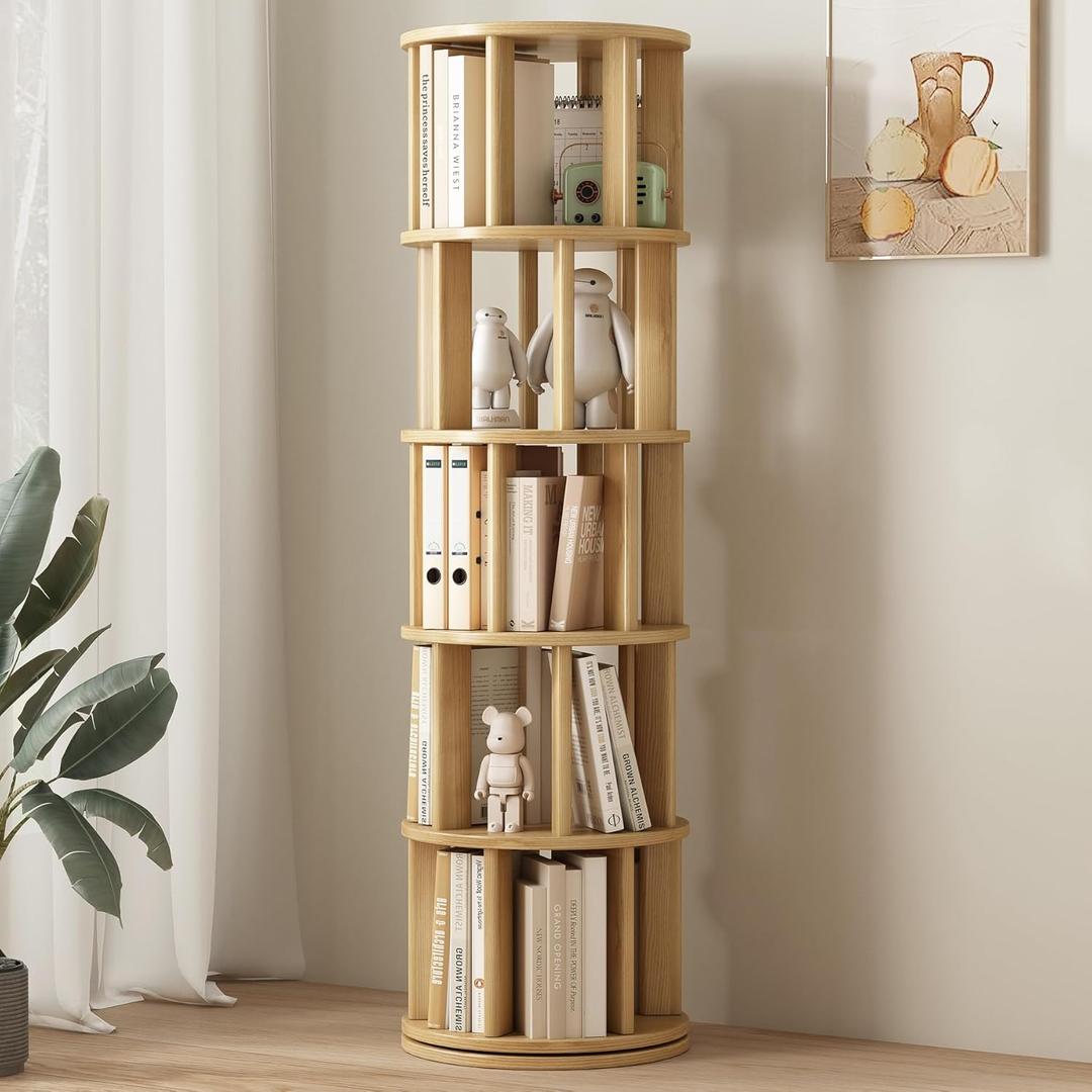 Solid Wood Rotating Bookshelf,Floor Standing Bookcase,360 Display,Swivel Wheels Book Shelf Rotating Storage Tower Narrow Rolling Bookshelves for Small Space, Corner, Bedroom (Raw Wood, 5-layer)