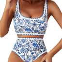 Herseas Women's Bikini Sets Floral Print Whip Stitch 2 Piece Swimsuits High Waisted Scoop Bathing Suits L