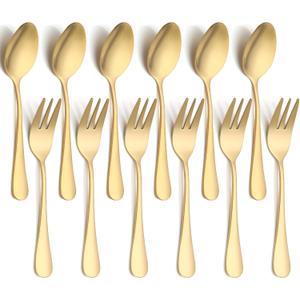 3 x 12 PCS Forks and Spoons Set, Stainless Steel Gold Silverware Set, Flatware Cutlery Set 6 Forks (5.35 inch), 6 Spoons(5.25 inch) for Home and outdoor