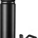 Fijinhom 24 oz Insulated Water Bottle with Handle, 304 Stainless Steel Water Bottles with 2 Lids, Double Wall Vacuum Sports Water Cup with Straw, BPA Free, Keep Cold and Hot, Black