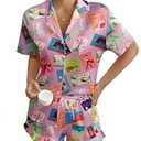 Ekouaer Women's Satin Pajamas Set Button Down 2 Piece Silk Pjs Shorts Set Ruffle Lingerie Notch Collar Sleepwear (Large, Cat Collection)