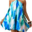 OYOANGLE Women's Tie Dye Halter Bubble Dress Backless Flowy Mini Sundresses | Beach Vacation Dress, Cute Summer Dresses, Boho, Chic, Casual, A Line, Sleeveless, Short Dress (Blue, M)