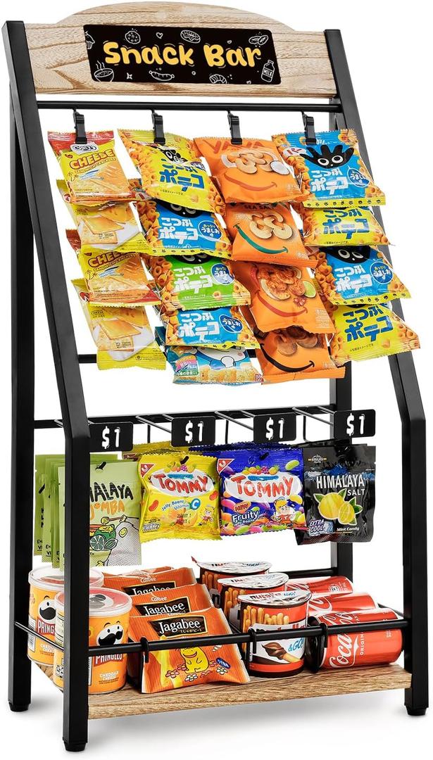 Pinzoveco Chip Rack Display Stand, 4 Tiers 20 Clips Snack Organizer, 4 Hanger Strips Hooks Snack Candy Countertop Organizer Snack Holder, Portable Retail Display Shelf for Store, Kitchen, Party (Carbonized Brown)