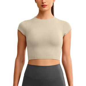 ENERBLOOM Workout Crop Tops for Women Yoga Short Sleeve Mild Support Slim Fit Cropped Athletic Shirts Gym Tee Built in Bra (Medium, Khaki)