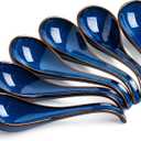 LYEOBOH Soup Spoons set of 6, Chinese Deep Soup Spoon - 6.5 inch Ceramic Korean Tablespoons for Ramen, Rice, Noodle, Asian Spoons with Deep Hook Design, Vintage Blue