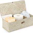 Sumnacon Small Woven Basket for Shelf Wicker Shelf Storage Basket with Sections Seagrass Storage Baskets with Lid for Tampon Toiletry Rectangular Storage Basket for Shelf Bathroom Table Desk Whitewash (Medium)