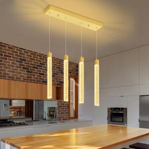 Modern Crystal Column Chandelier for Living Room Dining Room 4-Lights Gold Dimmable LED Adjustable Height Hanging Pendant Light for Kitchen Island,Bedroom,Over Table,