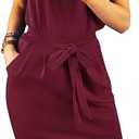 PRETTYGARDEN Women's Summer Short Sleeve Crewneck Striped Dress Basic Solid Tie Waist Office T Shirt Dresses Pockets (Red, M)