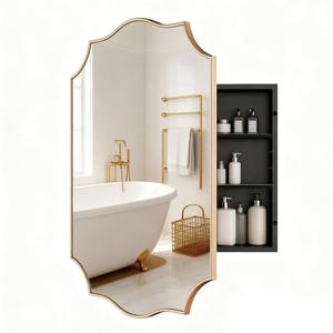 VIWILII Gold Scalloped Edge Vintage Medicine Cabinet Mirror, Decorative Bathroom Storage Cabinet with 2 Adjustable Shelves, Recessed or Surface Mount (Brushed Gold, 24x32)