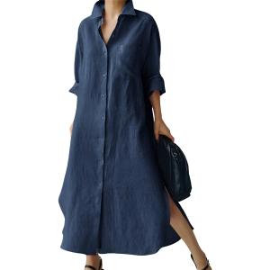 chouyatou Women's Spring Button Down Cotton Shirt Dress Summer Flowy Side Slit Maxi Shift Dress (Medium, Navy Blue)