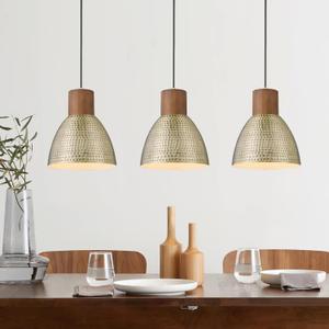 ELYONA Hammered Pendant Lights for Kitchen Island, 7 Solid Wood Vintage Metal Hanging Light Fixture Adjustable Height Antique Gold Pendant Lamp for Farmhouse, Dining Room, Brushed Brass, 3 Pack Small