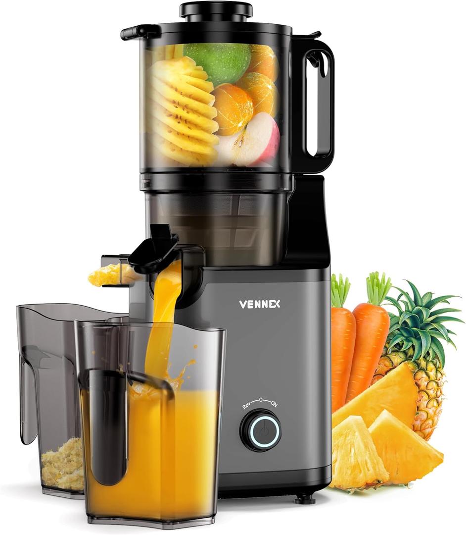 Cold Press Juicer, BPA Free, 5.7" Extra Large Feed Chute, Dual Auger Slow Masticating Juicer for High Juice Yield, Self Feeding Machine for Whole Fruits & Vegetables, Easy to Clean