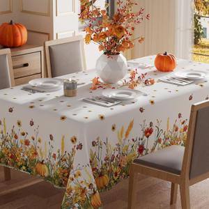 XCHI Fall Color Wild Flowers Pumpkin Tablecloth Rectangle Washable Table Covers for Home Party Decorations 60x84 Inch