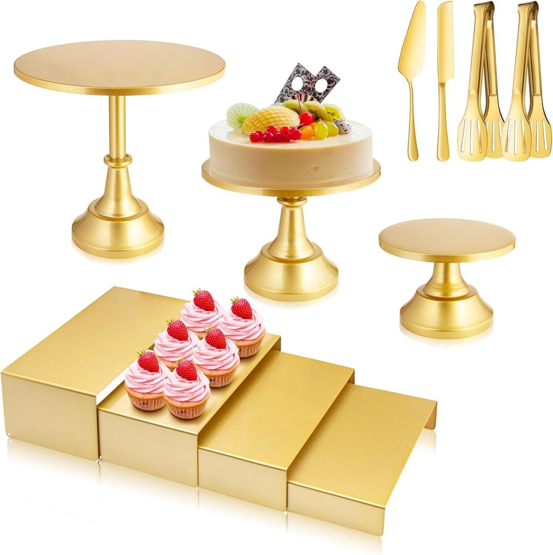 Gold Dessert Table Display Set, Metal Round Cake Pedestal Stands, Cupcake Fruit Candy Donut Risers Stands with Tong, Cake Knife and Server Set for Wedding, Birthday,Baby Shower, Party (7 Pack)