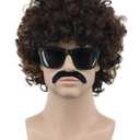 VGbeaty Men Short Curly Brown Rocker Black Mustache Beard Wig California Halloween Party Wig (Brown And Blonde with Mustache)