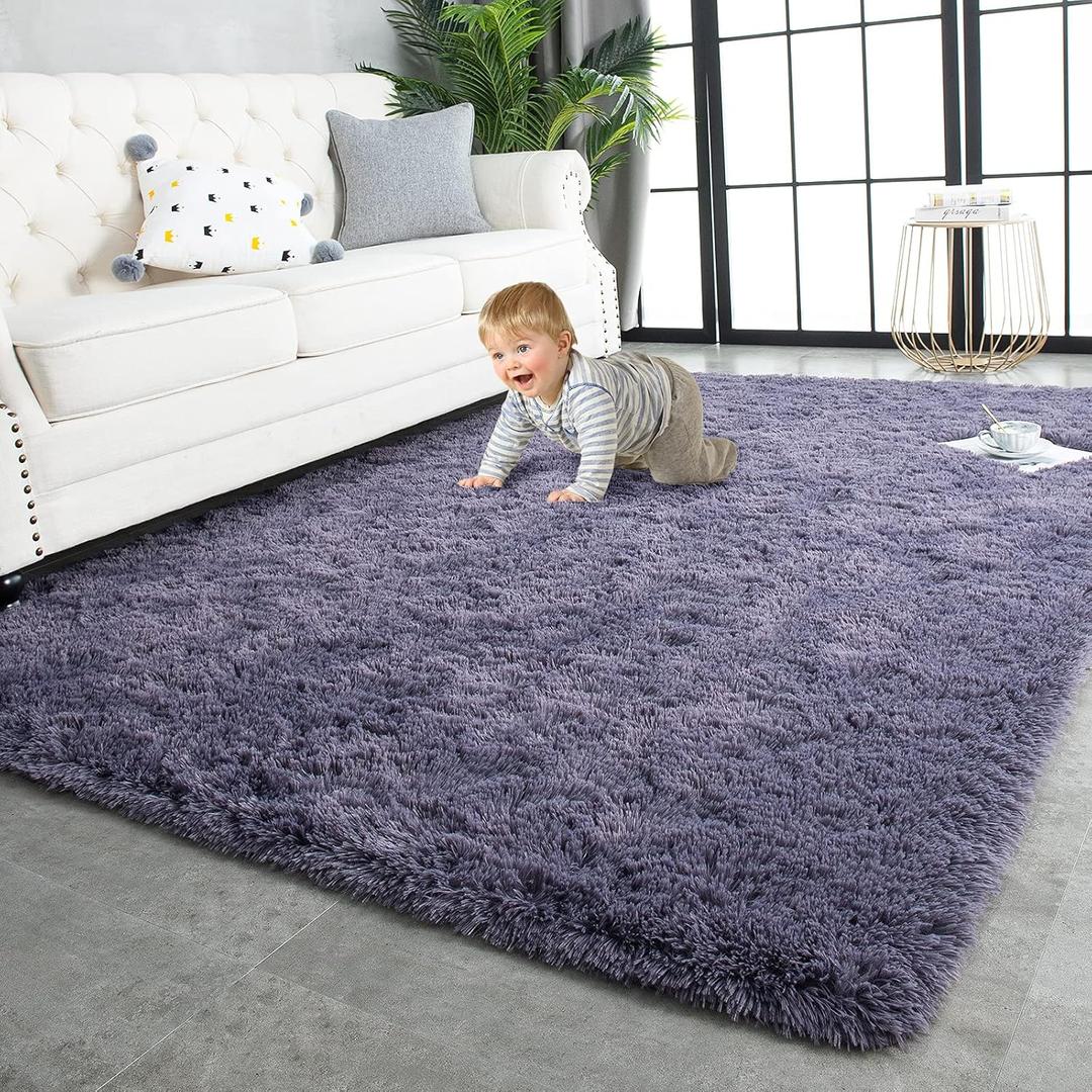 Super Soft Shaggy Rugs Fluffy Carpets 10x14 Feet, Indoor Modern Plush Area Rugs for Living Room Bedroom Kids Room Nursery Home Decor, Upgrade Anti-Skid Fuzzy Rug, Grey Purple