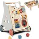 Baby Push Walker with Detachable Busy Board, Wooden Baby Walker with Adjustable Speed Wheels, Montessori Push Walker for Babies, Push Walking Toys for Boys & Girls 1 Year Old, Gifts for Toddler