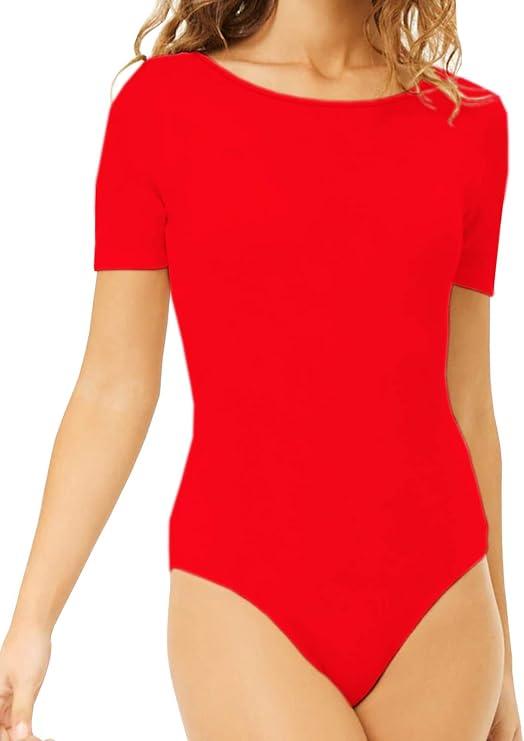 MANGDIUP Bodysuit for women Round Collar Crew Neck Round Neck Short Sleeve Bodysuits Jumpsuits Red, XXL