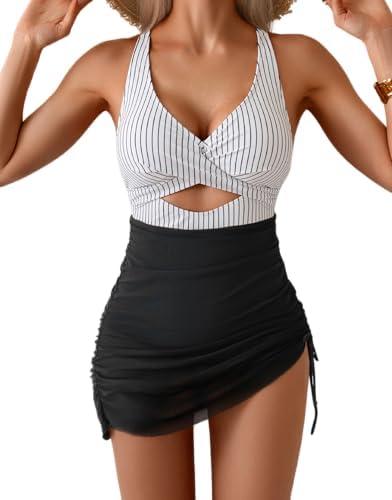 B2prity Women Mesh One Piece Swimdress Swimsuit Tummy Control V Neck Cutout Bathing Suit Wrap Drawstring Sarong Swimwear, Size XL