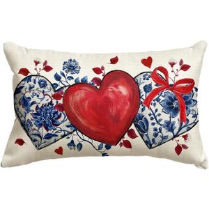 AVOIN colorlife Valentine's Day Red Love Heart Chinoiserie Throw Pillow Cover, 12 x 20 Inch Blue and White Porcelain Flowers Bowknot Anniversary Wedding Cushion Case Decoration for Sofa