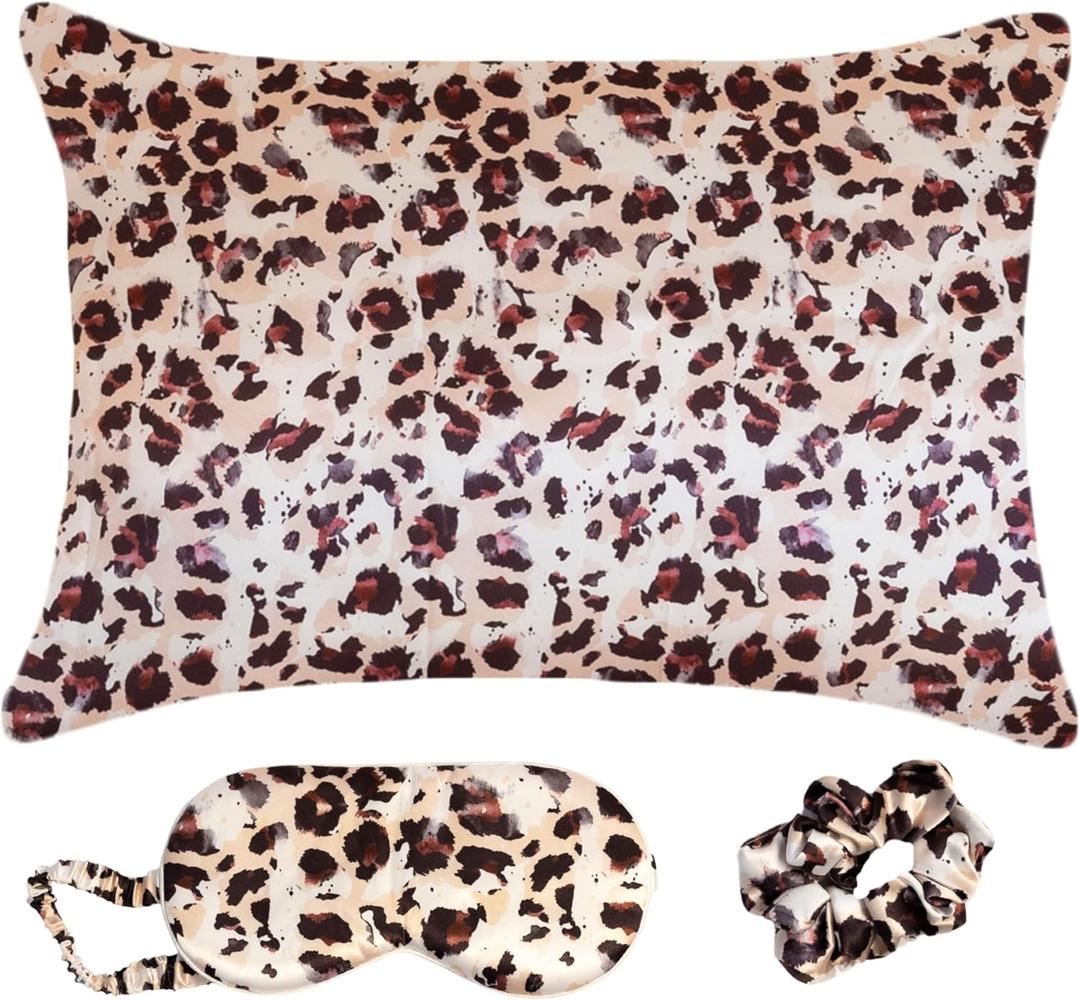 Satin Pillowcase Gift Set for Women  Brown Leopard, Silky Soft, Reduces Frizz | Includes Satin Eye Mask & Scrunchie | for Curly Hair, Sensitive Skin | Perfect (Brown Cheetah Print)
