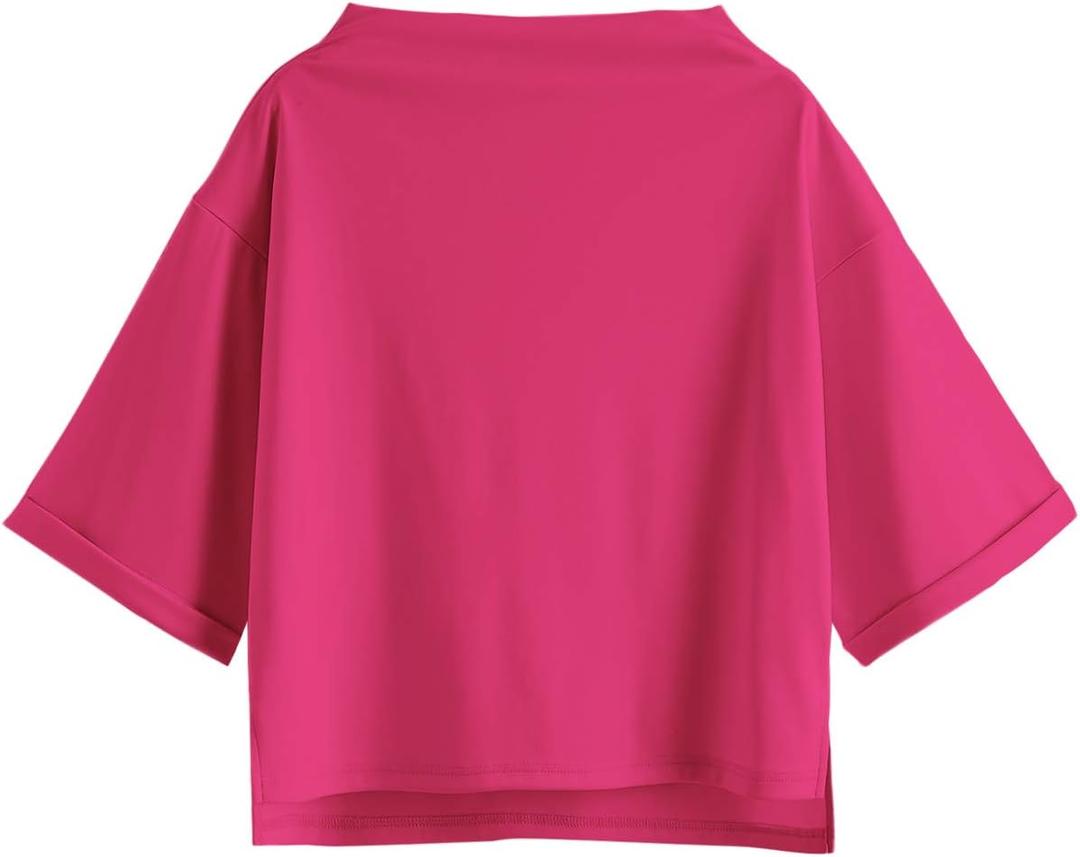 SweatyRocks Women's 3/4 Sleeve Mock Neck Basic Loose T-Shirt Elegant Top (Medium)