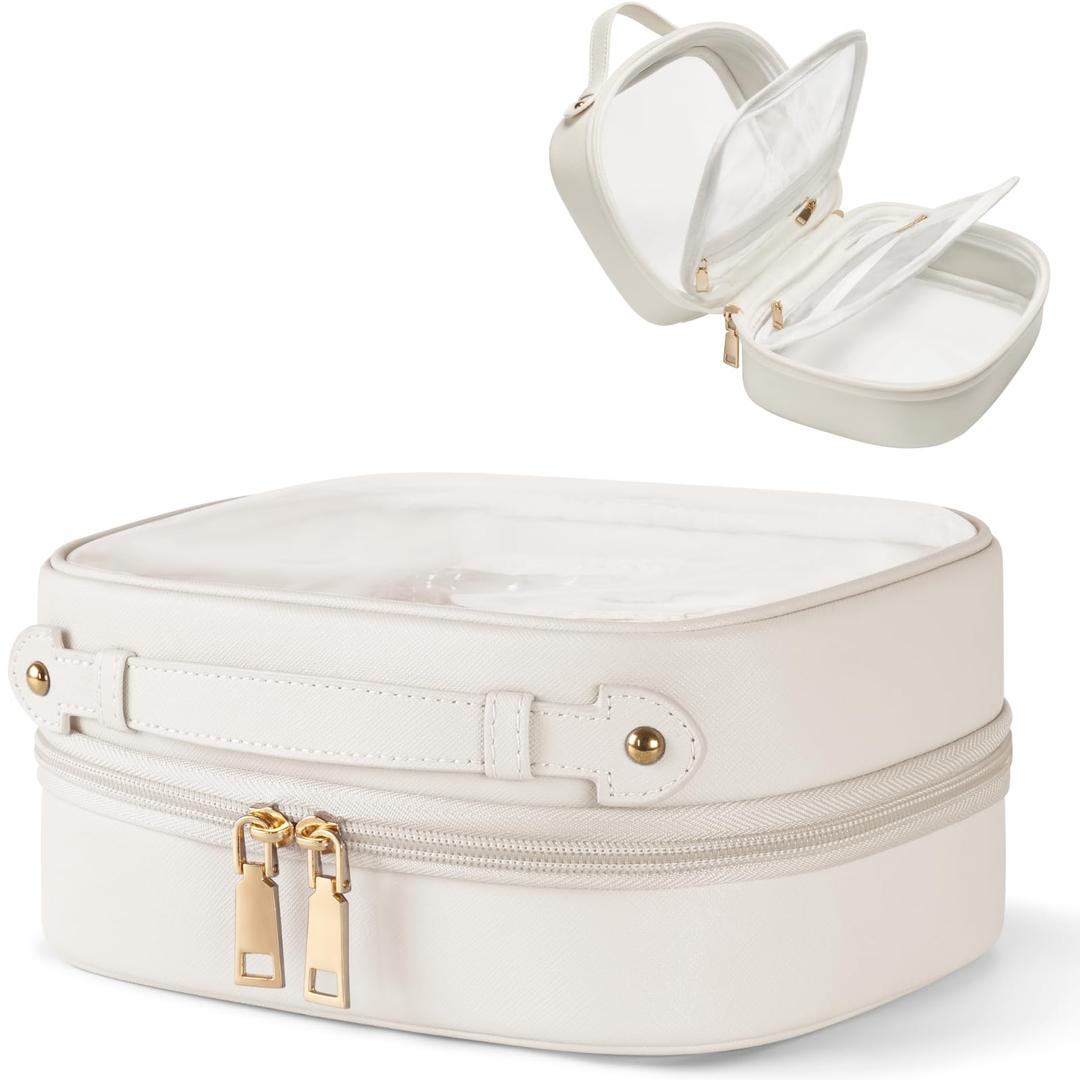 Oaque Clear Cosmetic Bag Double Layer Travel Toiletry Bag Clear Makeup Bag Case with 4 Compartments, Transparent Travel Bag for Toiletries, Large Toiletry Bag for Women Cosmetic Case (White, Large)