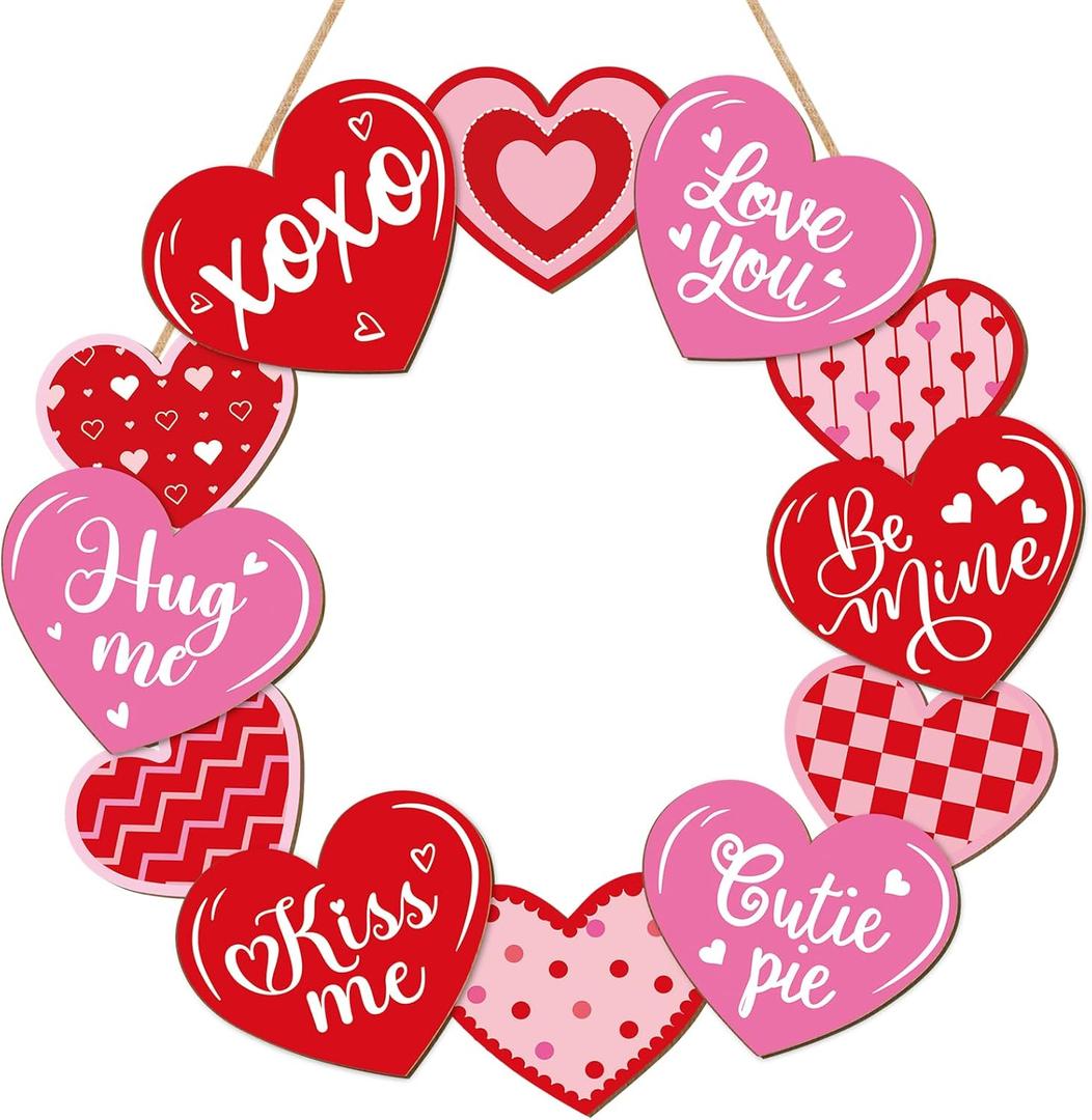 Wooden Valentines Day Door Wreath for Front Door Sign Glitter Heart Wall Signs Valentine Decoration, Sign Welcome Hanging Crafts for Home Farmhouse Wall Decor Party Outdoor Indoor Supply Heart, ( 3 sign)