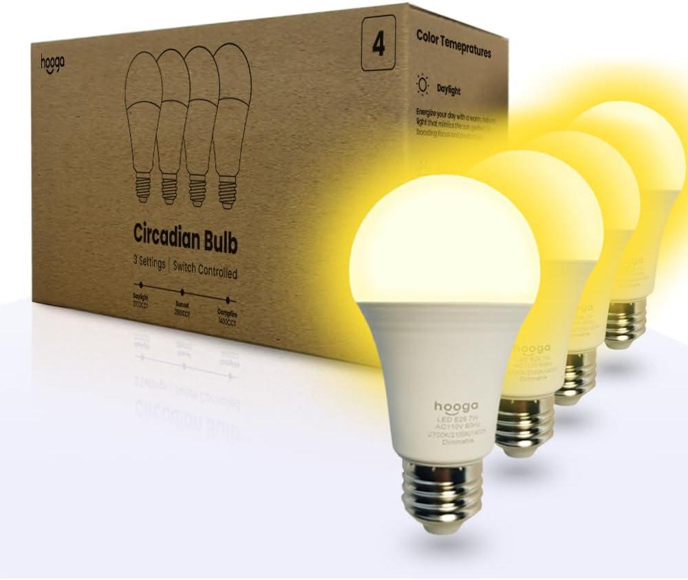 hooga Circadian Rhythm Full Spectrum LED Light Bulb - 2700K, 2100K, 1400K, Flicker-Free, Blue Light Free Night Mode, 7W Energy Efficient Warm White for Sleep, Relaxation & Focus - 4 Pack