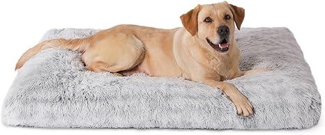 Bedfolks Plush Dog Crate Pad, Washable Faux Fur Kennel Bed for XXL Dogs, Waterproof, 47"x29", Grey