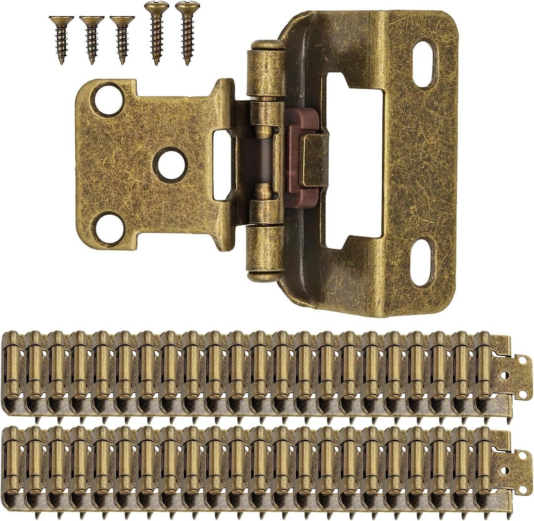 1/2" Overlay Partial Wrap Kitchen Cabinet Hinges, Antique Brass Self Closing Cabinet Hinge for Kitchen Cabinet Doors,50 Pack (25 Pairs)