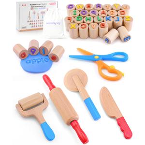 Wooden Dough Tools Kit for Kids, Dough Accessories with Rolling Pins, Pizza Cutter, Safety Scissors & 26 Letter Stamps, Educational Alphabet Learning Toys Gift for Toddlers Ages 36