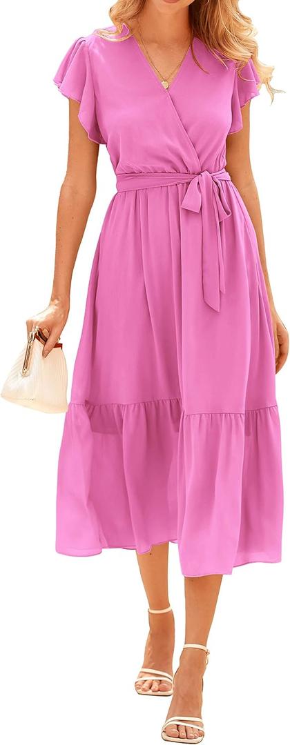 BTFBM Women Summer Bohemian Floral Casual Wrap V Neck Ruffle Cap Sleeveless Belt A-Line Pleated Hem Midi Sun Dress White (Pink, XL)