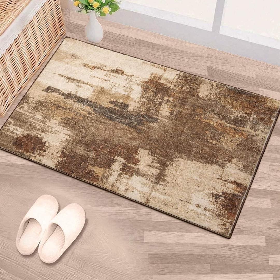 Kelarea 2'x3' Brown Entryway Rug, Washable Abstract Small Rugs Non-Slip Low Pile Throw Rugs for Kitchen Floor, Front Door, Bedroom Bedside