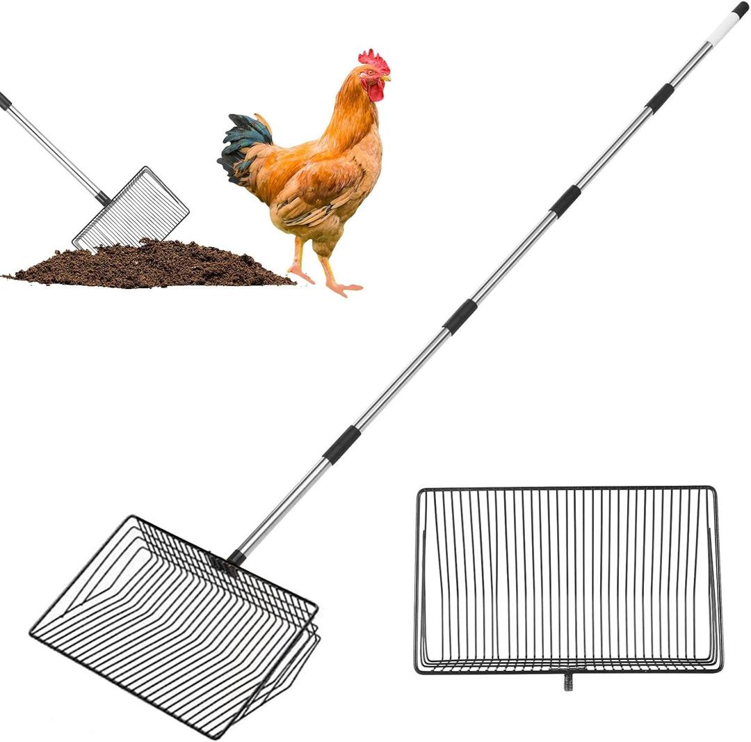 10-inch Heavy-Duty Metal Chicken Dung Scoop, 32 to 76" Long Chicken Coop Mucking Shovel with Stainless Steel Handle, 5-in-1 All-in-One Multifunctional Litter Sifting Tool for Chicken Coop Essentials
