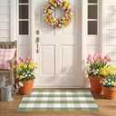 Spring Green and White Plaid Rug, 2'4" x 3'7" Cotton Blend Layered Doormat Rug for Front Door, Hand-Woven Washable Entryway & Porch Decor