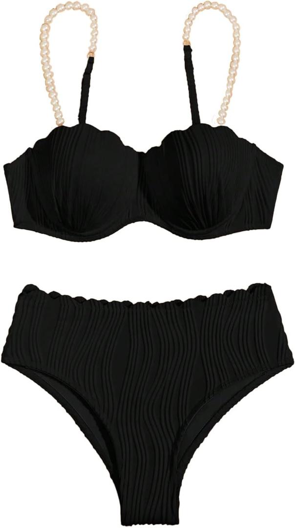MakeMeChic Women's 2 Piece Bikini Set Textured Pearl Beaded Strap Scallop Trim High Waist Swimsuit (Black) XL